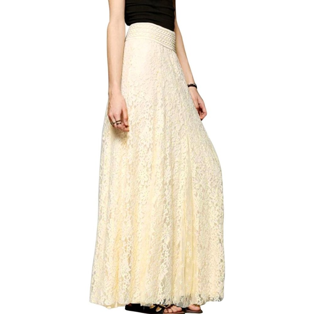 Women's Fashion High Elastic Waist A-Line Floral Lace Maxi Long Skirts
